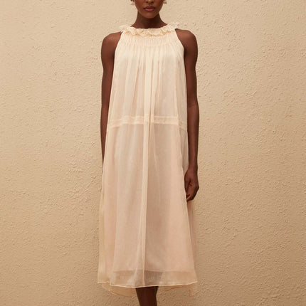 Mikayla Neutrals Pleated Chiffon Frilled Neck Dress