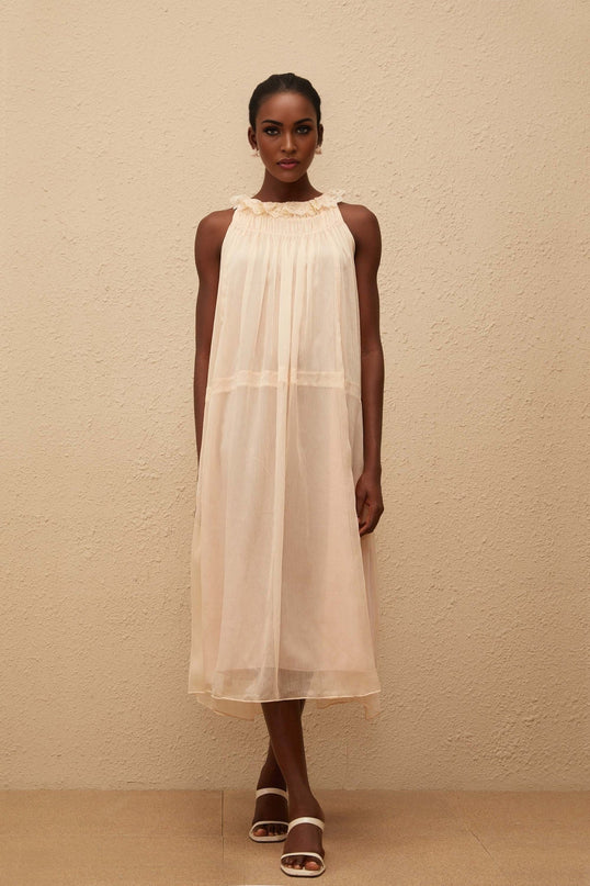 Mikayla Neutrals Pleated Chiffon Frilled Neck Dress