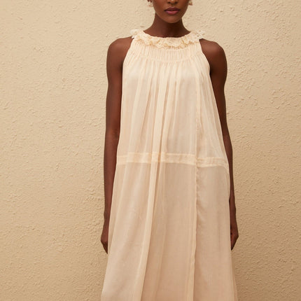 Mikayla Neutrals Pleated Chiffon Frilled Neck Midi Dress