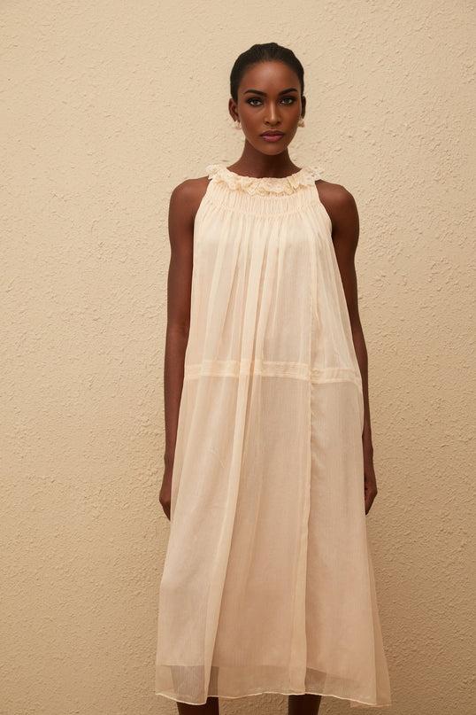 Mikayla Neutrals Pleated Chiffon Frilled Neck Midi Dress