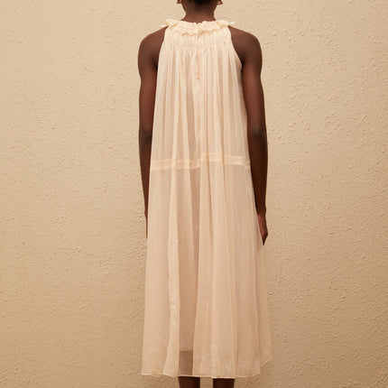 Mikayla Neutrals Pleated Chiffon Frilled Neck Midi Dress