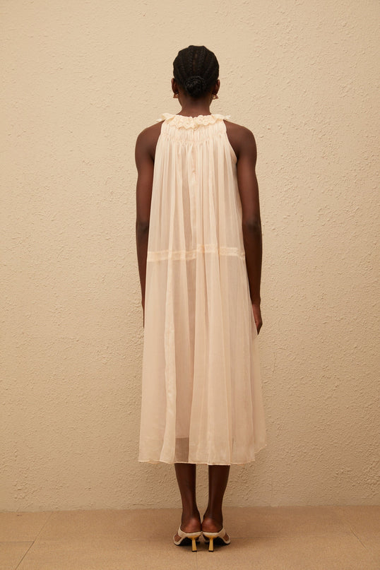 Mikayla Neutrals Pleated Chiffon Frilled Neck Midi Dress