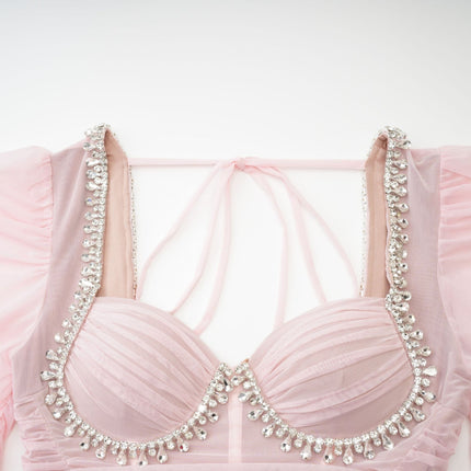 Mikayla Pink Midi Dress with Sweetheart Neckline and Puff Sleeves