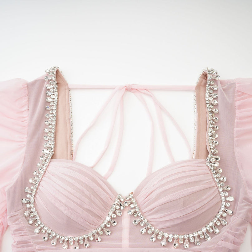 Mikayla Pink Midi Dress with Sweetheart Neckline and Puff Sleeves