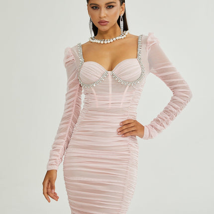 Mikayla Pink Midi Dress with Sweetheart Neckline and Puff Sleeves