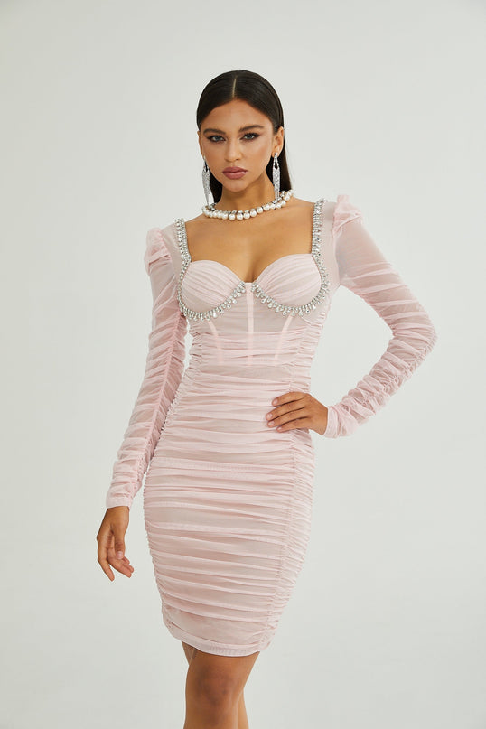 Mikayla Pink Midi Dress with Sweetheart Neckline and Puff Sleeves