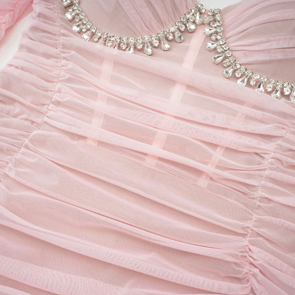 Mikayla Pink Midi Dress Sweetheart Neckline Puff Sleeves Gathered Effect Open Back Rear Zip 100% Polyester