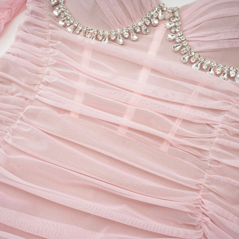 Mikayla Pink Midi Dress Sweetheart Neckline Puff Sleeves Gathered Effect Open Back Rear Zip 100% Polyester