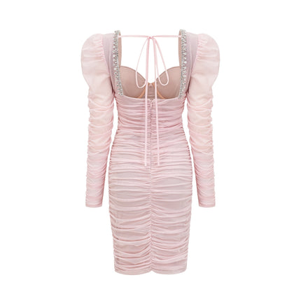 Mikayla Pink Midi Dress Sweetheart Neckline Puff Sleeves Gathered Effect Open Back Rear Zip Fastening 100 Percent Polyester Fabric