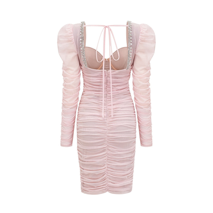 Mikayla Pink Midi Dress Sweetheart Neckline Puff Sleeves Gathered Effect Open Back Rear Zip Fastening 100 Percent Polyester Fabric