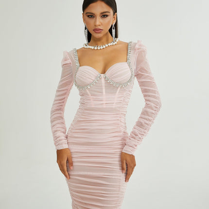 Mikayla Pink Midi Dress Sweetheart Neckline Puff Sleeves Gathered Effect Open Back Rear Zip 100 Polyester