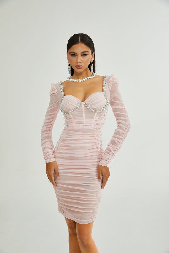 Mikayla Pink Midi Dress Sweetheart Neckline Puff Sleeves Gathered Effect Open Back Rear Zip 100 Polyester