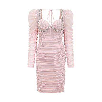 Mikayla Pink Midi Dress Sweetheart Puff Sleeves Gathered Open Back Rear Zip 100 Percent Polyester
