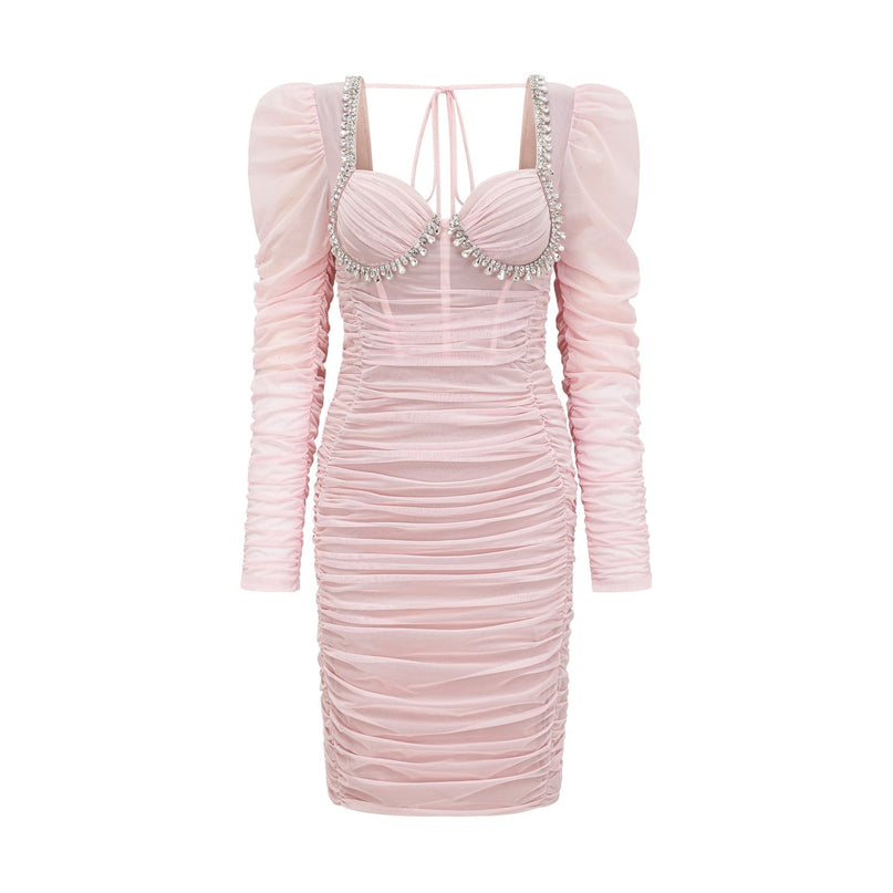 Mikayla Pink Midi Dress Sweetheart Puff Sleeves Gathered Open Back Rear Zip 100 Percent Polyester