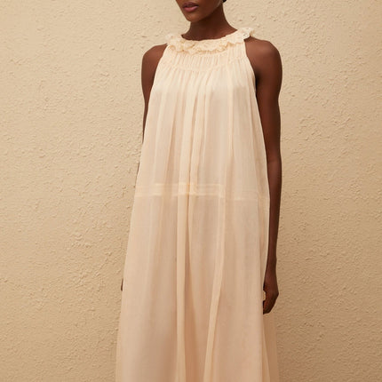 Mikayla Pleated Chiffon Frilled Neck Dress in Neutrals