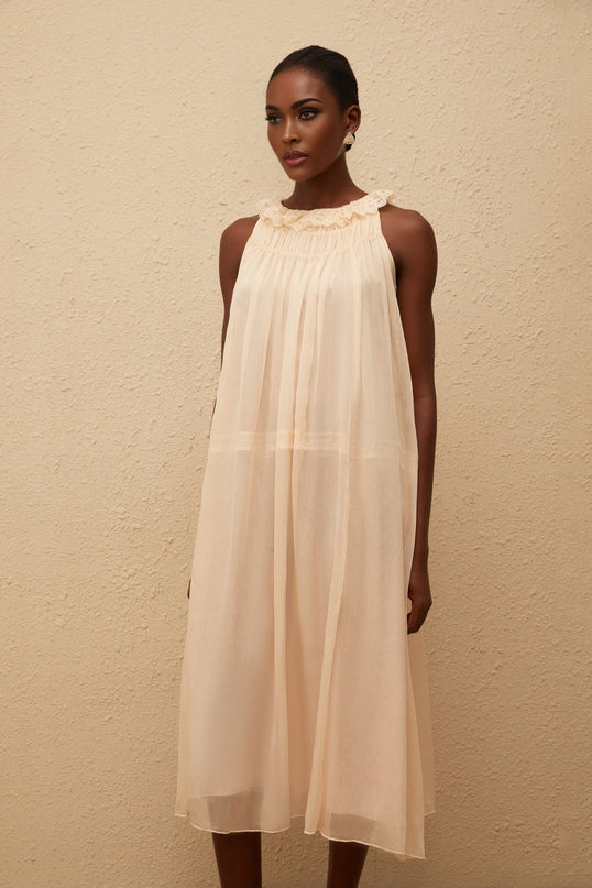 Mikayla Pleated Chiffon Frilled Neck Dress in Neutrals