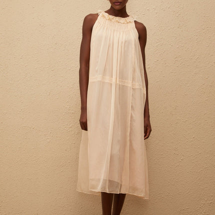 Mikayla Pleated Chiffon Frilled Neck Dress in Neutrals