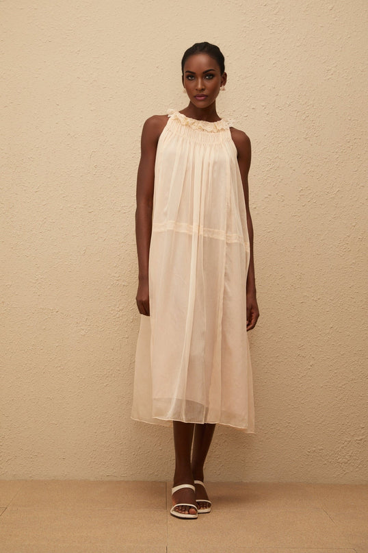 Mikayla Pleated Chiffon Frilled Neck Dress in Neutrals