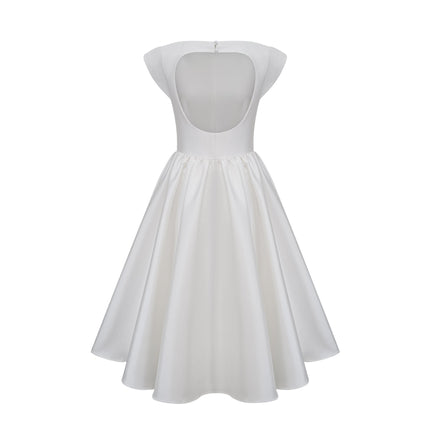 Mikayla White Pleated Midi Dress Cap Sleeve Bateau Neckline Cinched Waist Open Back Pocketed Calf-Length Terylene Fiber