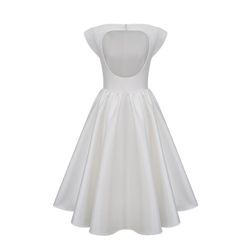 Mikayla White Pleated Midi Dress Cap Sleeve Bateau Neckline Cinched Waist Open Back Pocketed Calf-Length Terylene Fiber