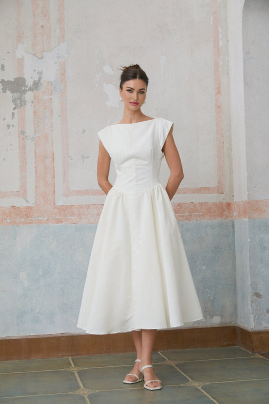 Mikayla White Pleated Midi Dress with Cap Sleeves and Open Back