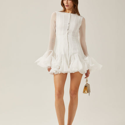 Mikayla White Sheer Flared Mini Dress Polyester Long Sleeve Round Neck Exquisite Cuffs Hem Button Fastening Zip Closure Chic Sophistication Feminine Allure Modern Fashionista