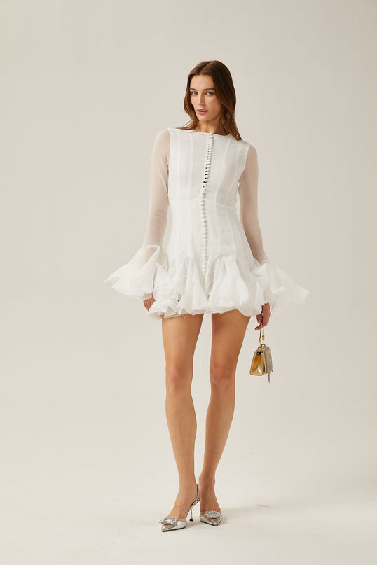 Mikayla White Sheer Flared Mini Dress Polyester Long Sleeve Round Neck Exquisite Cuffs Hem Button Fastening Zip Closure Chic Sophistication Feminine Allure Modern Fashionista