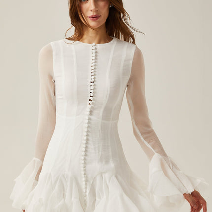 Mikayla White Sheer Flared Mini Dress Polyester Long Sleeve Round Neck Exquisite Cuffs Hem Button Fastening Zip Closure Sophisticated Feminine Chic Elegance Fashionista
