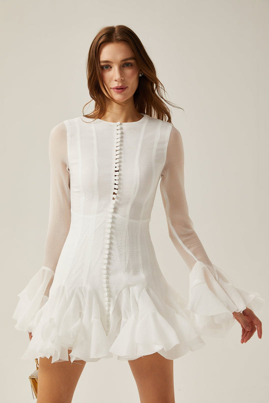Mikayla White Sheer Flared Mini Dress Polyester Long Sleeve Round Neck Exquisite Cuffs Hem Button Fastening Zip Closure Sophisticated Feminine Chic Elegance Fashionista