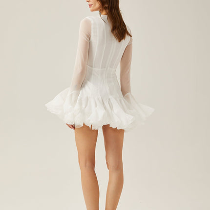 Mikayla White Sheer Flared Mini Dress with Long Sleeves and Round Neck