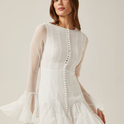 Mikayla White Sheer Flared Mini Dress Polyester Long Sleeve Round Neck Exquisite Cuffs Hem Front Button Rear Zip Sophisticated Chic Feminine Modern Fashionista