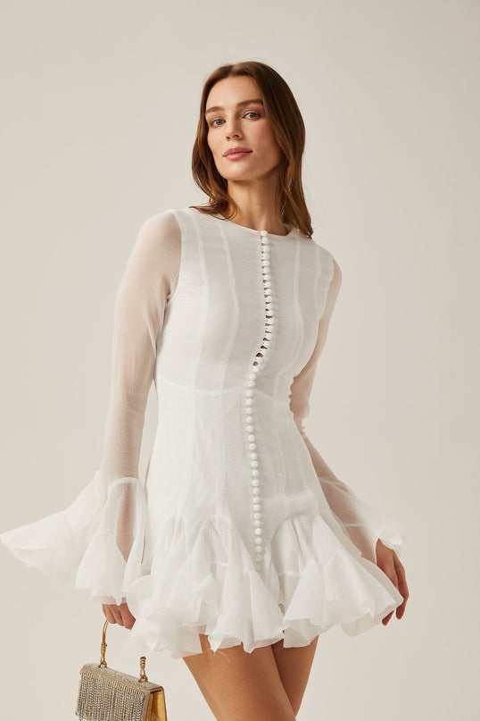 Mikayla White Sheer Flared Mini Dress Polyester Long Sleeve Round Neck Exquisite Cuffs Hem Front Button Rear Zip Sophisticated Chic Feminine Modern Fashionista