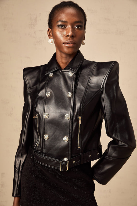 Milena Black Faux Leather Jacket with Gold-tone Hardware and Cropped Silhouette