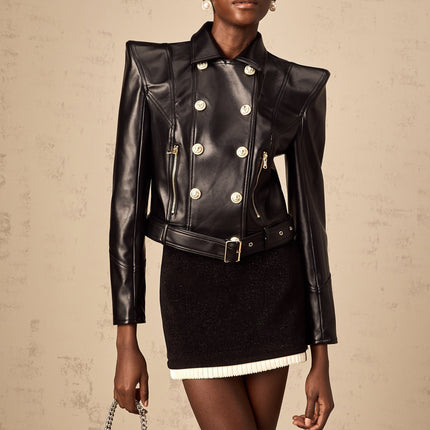 Milena Black Faux Leather Jacket with Gold-Tone Hardware and Cropped Silhouette