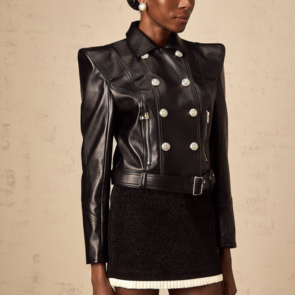 Milena Black Faux Leather Jacket with Gold Hardware and Belted Waist