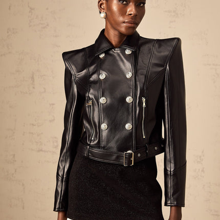 Milena Black Faux Leather Jacket with Gold Hardware and Cropped Silhouette