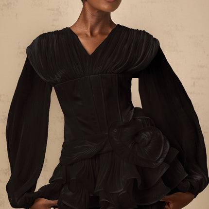 Milena Black Mini Dress Pleated Ruffled Hem Floral Detailing Cinched Waist Lantern Sleeves Glitter Detailing