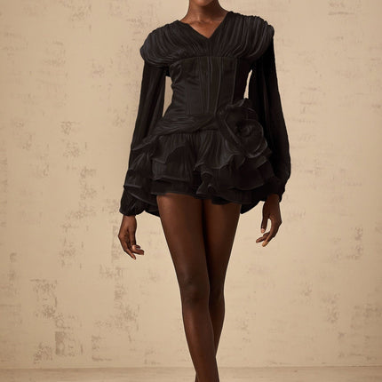 Milena Black Pleated Ruffled Hem Dress with Floral Detailing Lantern Sleeves and Glitter Accents