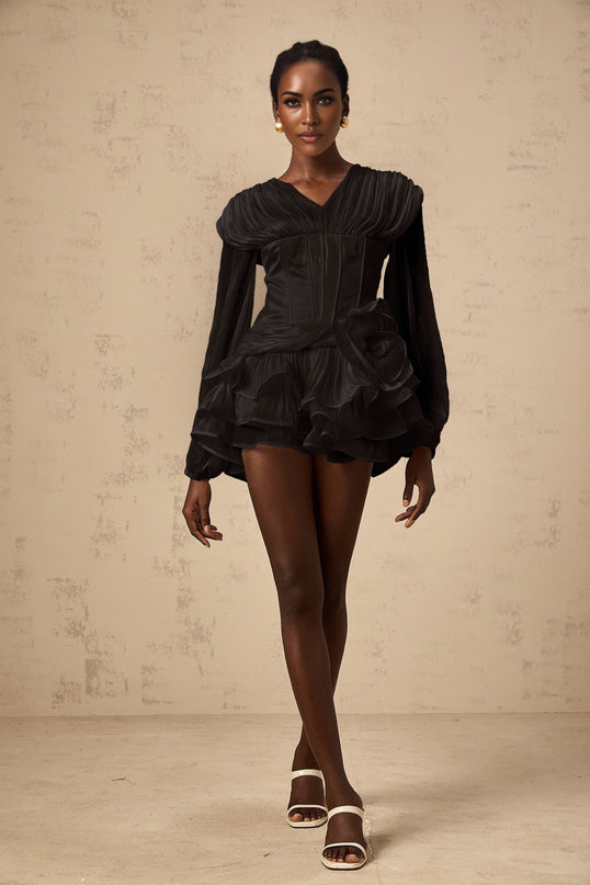 Milena Black Pleated Ruffled Hem Dress with Floral Detailing Lantern Sleeves and Glitter Accents