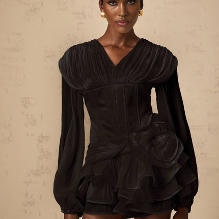 Milena Black Pleated Ruffled Hem Floral Detail Mini Dress