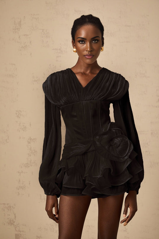 Milena Black Pleated Ruffled Hem Floral Detail Mini Dress