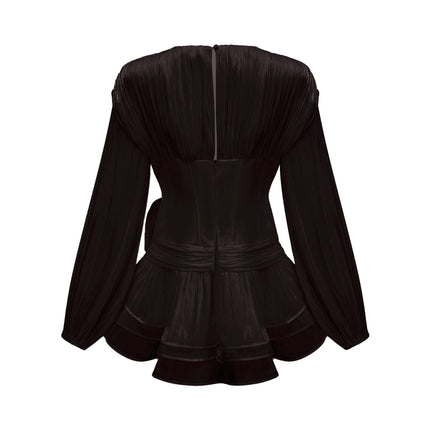 Milena Black Pleated Ruffled Hem Floral Detail Mini Dress
