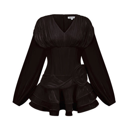 Milena Black Pleated Ruffled Hem Floral Mini Dress Lantern Sleeves Glitter Detailing