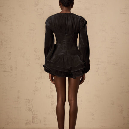 Milena Black Pleated Ruffled Hem Floral Mini Dress