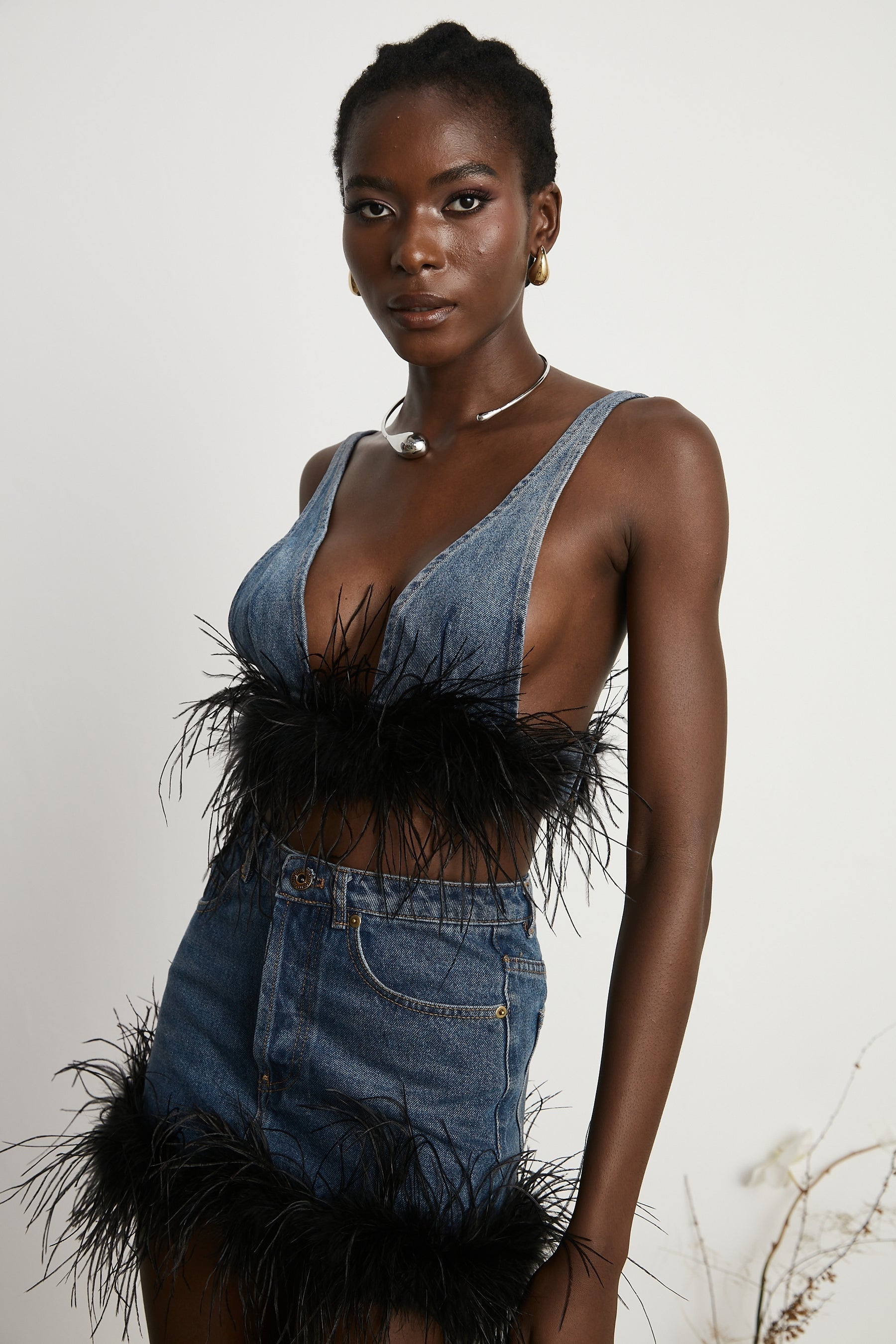 Milia feather denim top  skirt matching set