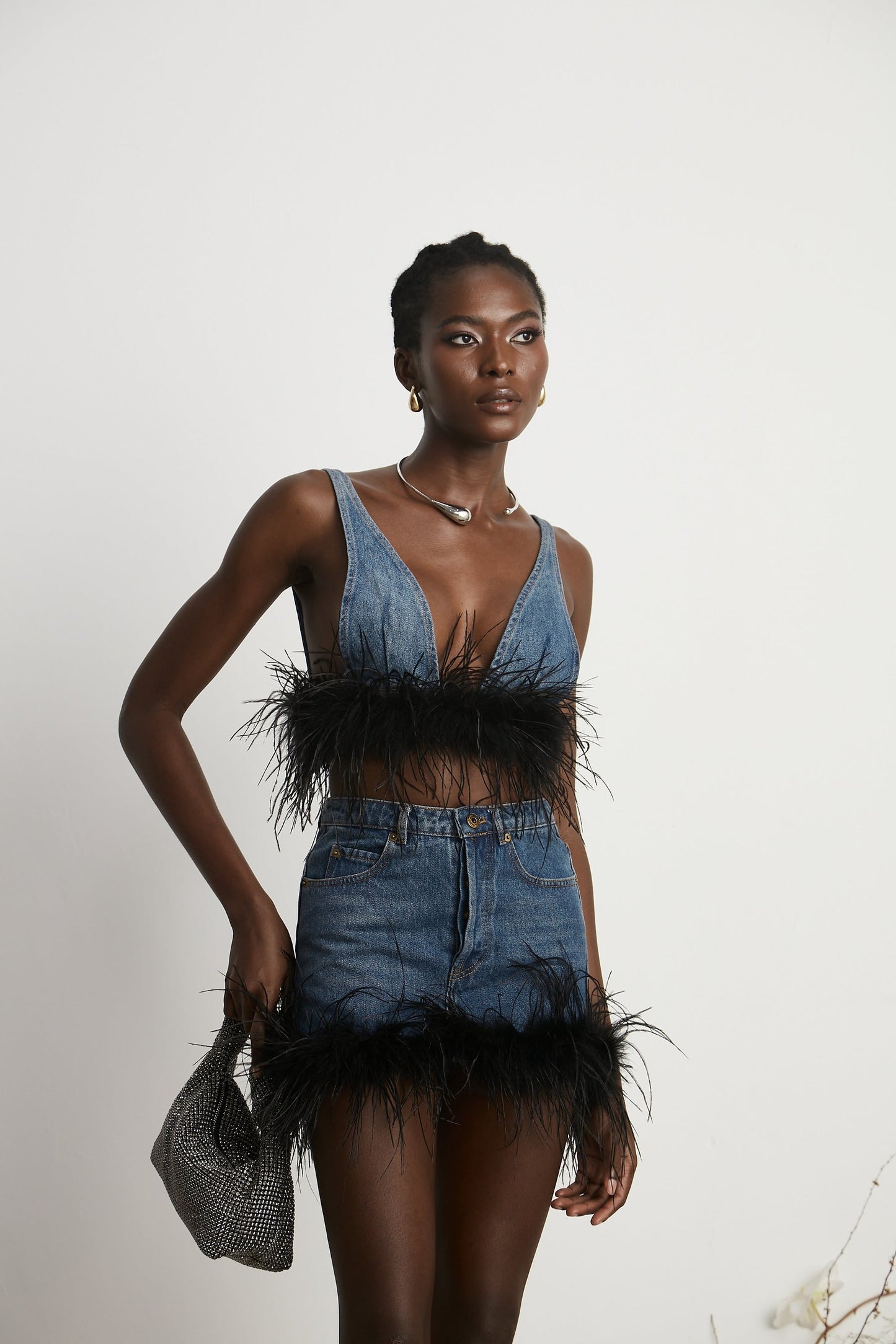 Milia feather denim top  skirt matching set