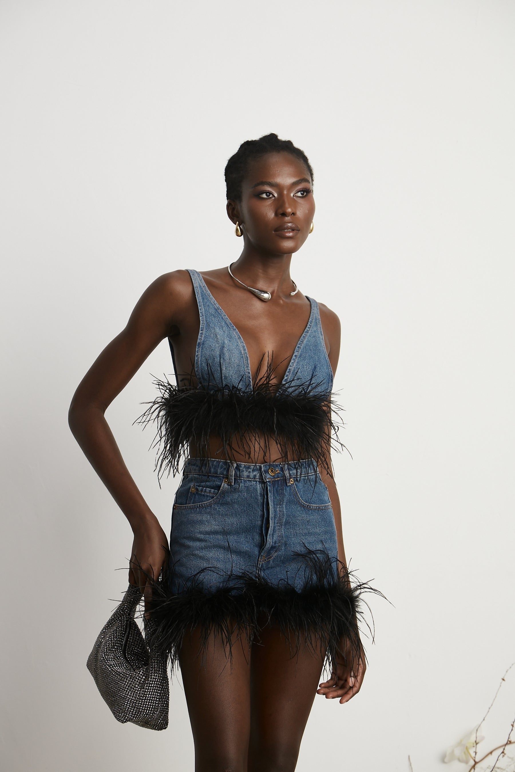 Milia feather denim top  skirt matching set