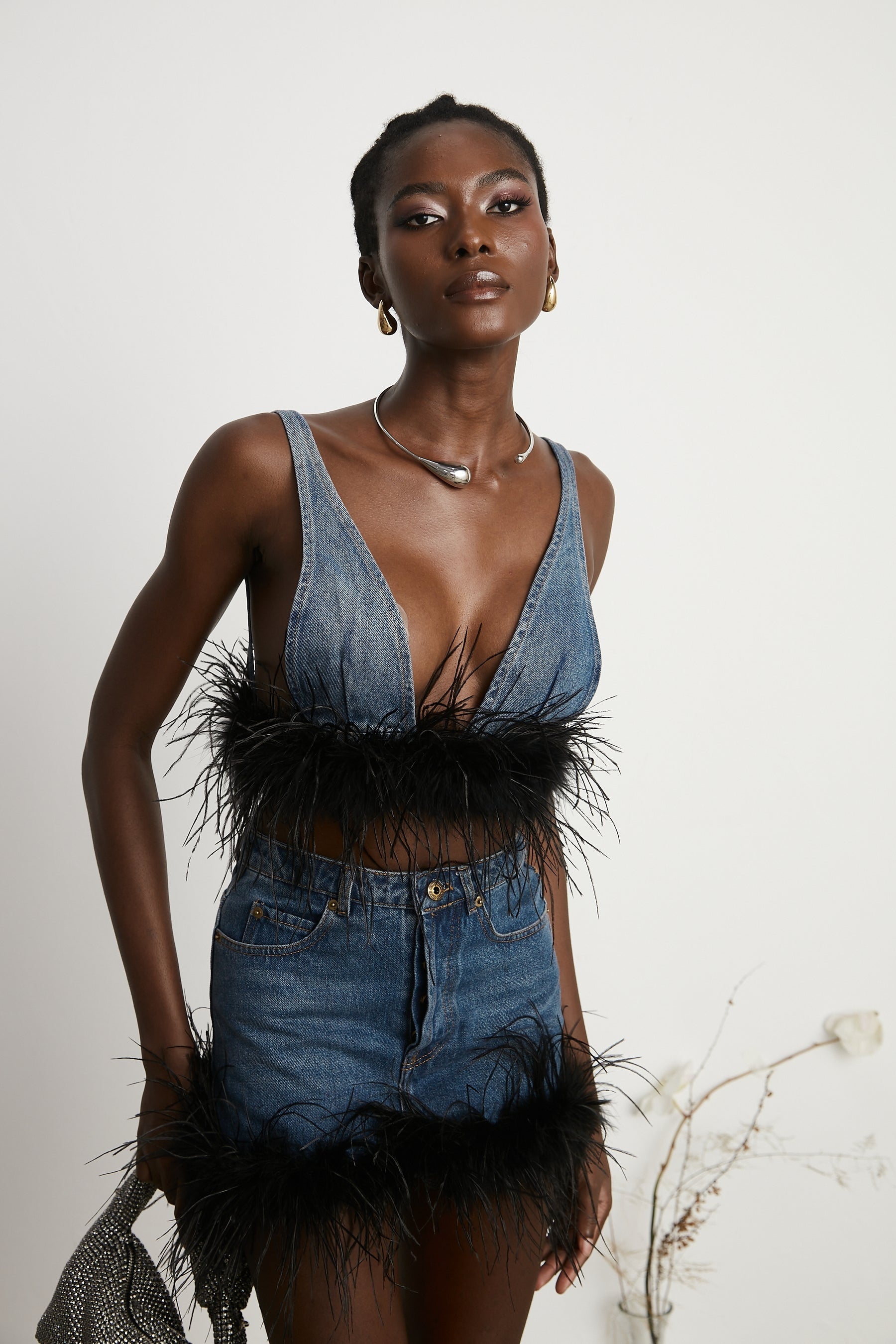 Milia feather denim top  skirt matching set