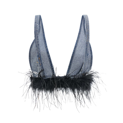 Milia feather denim top  skirt matching set
