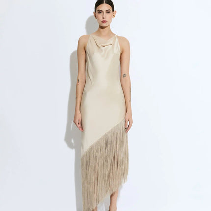 Millie wearing Beige Dream Dress in Allure Vibes ankle-length A-line silhouette with stand neckline and regular sleeves